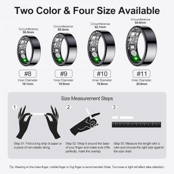 𝐒𝐦𝐚𝐫𝐭 𝐑𝐢𝐧𝐠,Wearable Fitness Smart Ring Health Tracker,Sleep Quality & Heart Rate & Blood Oxygen Monitoring,IP68 Waterproof,Free Subscription,Smart Ring for Women,Gifts for Men (Black,Size 8)