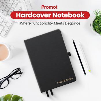 Promot Ruled Journal Notebook - Custom Embossed Text with Gold Metallic Foil - A5 Black 192 Lined Pages 8.2 x 5.5 Inch, 100 GSM, Pen Loop, Inner Pocket, Elastic Band, PU Leather Hardcover