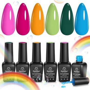 Beetles Summer Gel Polish Set- Hot Pink Green Blue Orange Gel Nail Polish 6 Colors Rainbow Nail Boundless Energy Collection Holiday Nail Art Design, Soak Off Uv LED Gel Manicure DIY Home