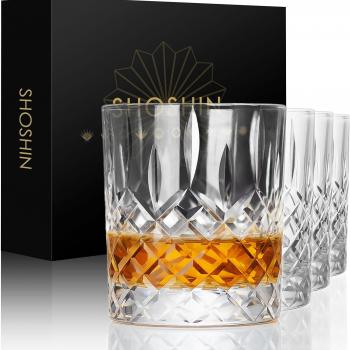 SHOSHIN Premium Hand Cut Whiskey Glasses (13 OZ, Set of 4) - Handmade Double Old Fashioned Scotch Glasses - Gift for Bourbon Lovers - Style Glassware for Rum - 4 Rocks glasses in Gift Box