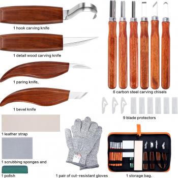 Wood Carving Tools Set, Wood Whittling Kit for Beginners Kids and Adults - Wood Carving Kit with Detail Wood Carving Knife, Whittling Knife, Wood Chisel Knife, Gloves, Carving Knife Sharpener