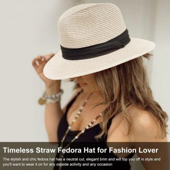 DRESHOW Women Straw Panama Hat Travel Fedora Beach Sun Hat Summer Wide Brim Straw Roll up Hat UPF 50+