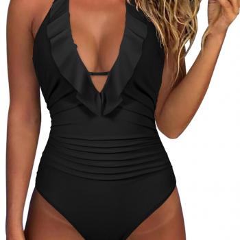 SUUKSESS Women Sexy Halter One Piece Swimsuits Ruffle Tummy Control Bathing Suit