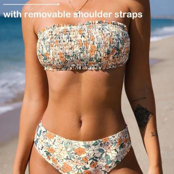 CUPSHE Bikini Set for Women Two Piece Swimsuit Bandeau Top Back Tie Mid Waisted Bottom with Removable Shoulder Straps