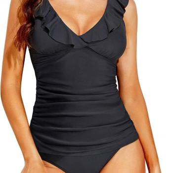 Holipick Two Piece Tankini Swimsuits for Women Tummy Control Bathing Suit Ruffle V Neck Tankini Top with Bikini Bottom