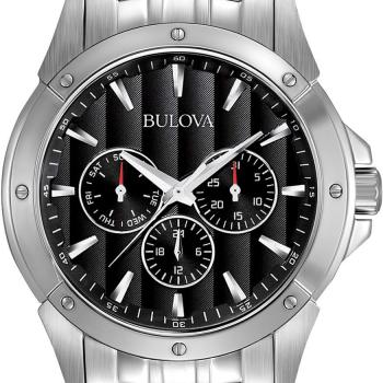 Bulova Men's Classic Dress 6-Hand Multi-Function Day/Date Quartz Watch, Black Patterned Dial, 43mm