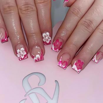 Flower Press on Nails Medium Square Pink White French Tip Fake Nails Pink White Flower Spring Summer Press on Nails for Women Acrylic Manicure Art False Nails Glue on Nails Kit 24Pcs