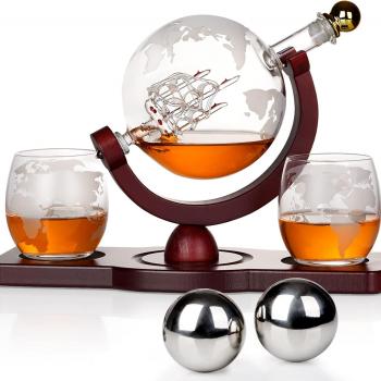 Gifts for Men Dad Fathers Day, Whiskey Decanter Globe Set with 2 Ball Stones & 2 Glasses, Anniversary Birthday Gifts for Him Husband Boyfriend, Unique Gift for Bourbon Scotch Liquor, Cool Stuff