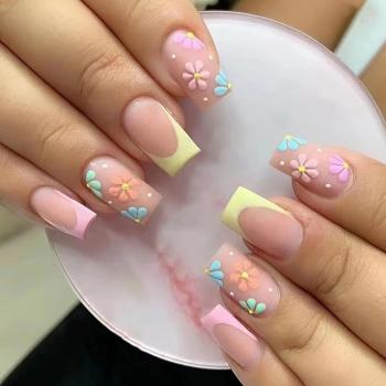 French Tip Press on Nails Square Fake Nails Medium False Nails with Colorful Flower Design Spring Summer Cute Floral Acrylic Nails Full Cover Glossy Artificial Nails Stick on Nails for Women 24Pcs