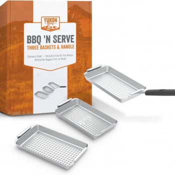 Yukon Glory™ BBQ 'N SERVE Grill Basket Set - Includes 3 Grilling Baskets & Clip-on Handle - Revolutionary Patent Pending Grill to Table Design Perfect Grill Pan For Grilling Fish Veggies & Meats