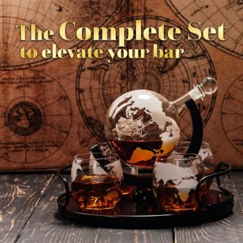 Kemstood Whiskey Decanter Sets for Men - Etched World Globe Design with Wood Stand & 2 Glass - Ideal for Dignified Drinking, Home Decor - Unique Whiskey Gifts for Men - 28 oz / 850 ml Capacity