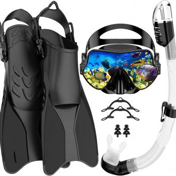 Bairuifu Upgraded Frameless Mask Snorkel Set with Fins for Adults, Dry Top Snorkel, Panoramic Anti-Leak, Anti-Fog, 100% Food Grade Silicone, Lap Swimming Scuba Diving Travel