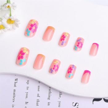 Flower Press on Nails Short Square Spring Summer Fake Nails, Colorful Flowers French Acrylic Nails Kits, Nude Glossy Gel False Nails Stick Glue on Nails Tip Manicure 24Pcs