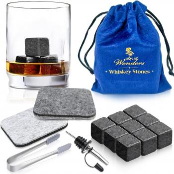 A&A Wonders Premium Whiskey Stones 100% Natural Granite Set of 9 Chilling Rocks Stone Reusable Ice Cubes for Drinks with Velvet Carrying Pouch, Gift for Whiskey Lovers - Grey, (9 Cubes)