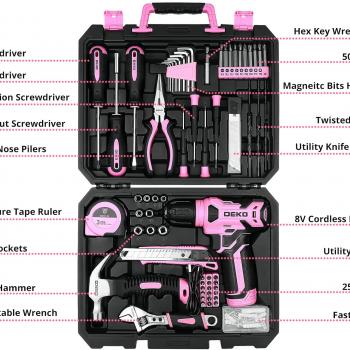 DEKOPRO Drill Set: Tool Set with 8V Pink Cordless Drill, Home Tool Kit with Drill, Hand Tool Kits for Women 126 Piece