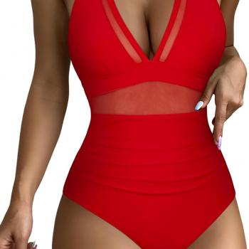 RXRXCOCO Women Sexy V Neck Mesh One Piece Bathing Suit Halter Push Up Tummy Control Swimsuit Swimwear