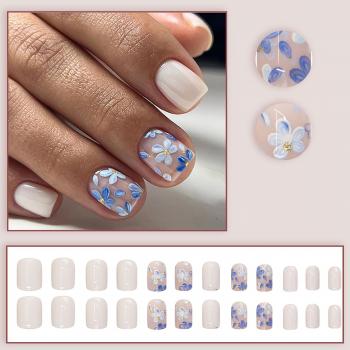 Extra Short Press on Nails RIICFDD Short Square Fake Nails Nude Full Cover Stick on Nails with Blue Floral Designs Acrylic False Nails Spring Press on Nail for Women and Girls 24 Pcs