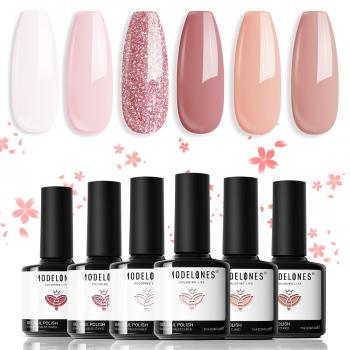 Modelones Gel Nail Polish Set 6 Colors, Nude Pink Summer Glitter Neutral Gel Polish Peaches All Seasons Skin Tones Soak Off Manicure Nail Art Design Salon Starter Kit Home Holiday Gifts for Women Girl