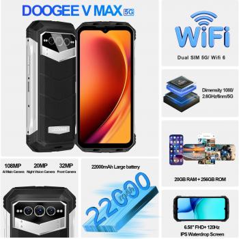 DOOGEE V MAX 5G Rugged Smartphone, 22000mAh Battery 20(12+8) GB+256GB 120Hz 6.6" FHD+ Display Rugged Phones Unlocked,108MP Main Camera Rugged Cell Phone, Dual Hi-res Speakers,Night Vision,NFC/OTG