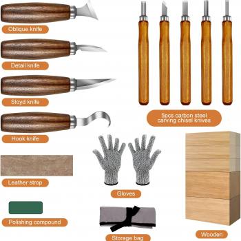 MACIFECI Wood Carving Tools 26 PCS Wood Carving Kit for Beginners with Detail Wood Carving Knife Set, Wood Whittling Knife Set, Blocks, Sharpener, Chisel Knife, Gloves, Wood Carving Kits for Adults