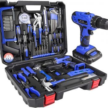 jar-owl 21V Tool Set with Drill, 350 in-lb Torque, 0-1350RMP Variable Speed, 10MM 3/8'' Keyless Chuck, 18+1 Clutch, 1.5Ah Li-Ion Battery & Charger for Home Tool Kit