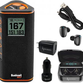 Wearable4U - Bushnell Wingman View Golf GPS Bluetooth Speaker with Ultimate Black Earbuds and Wall and Car Chargers Bundle