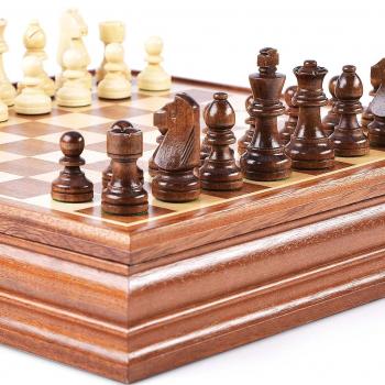 Chess and Checkers Board Game Sets for Adults Wooden Deluxe 15 inch Wood Board Box with Storage, Classic 2 in 1 Large Size with Chess Pieces - 3” King Height - 2 Extra Queens