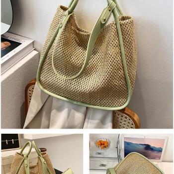 Women Faux Straw Bag Weave Tote Bag Summer Beach Bag Shoulder Bag Top Handle Bag Handbag 2 Pcs Set