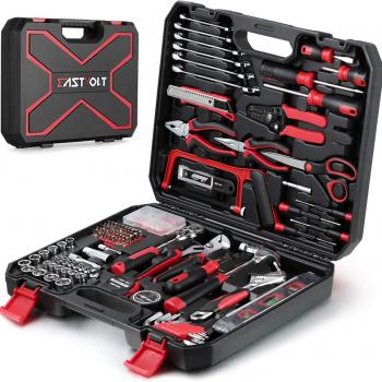 Eastvolt 218-Piece Household Tool Kit, Auto Repair Tool Set, Tool Kits for Homeowner, Plier, Screwdriver Set, Socket Kit and Toolbox Storage Case,Black + Red