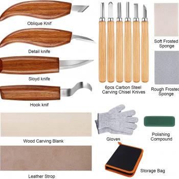 26-in-1 Wood Carving Kit with Detail Wood Carving Knife, Whittling Knife, Wood Chisel Knife, Gloves, Carving Knife Sharpener for Spoon, Bowl, Kuksa Cup (Carving Knife Kits)