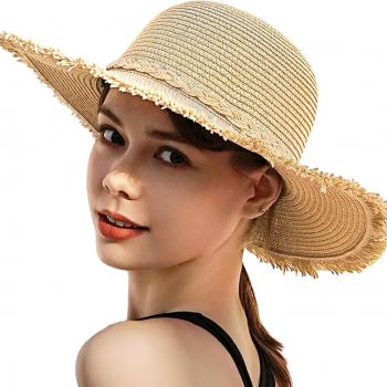 Beach Hats for Women, Wide Brim Sun Straw Hat for Women, UV Protection UPF 50+ Sun Hats, Collapsible Roll up Cap Beige