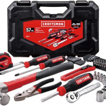 CRAFTSMAN Home Tool Kit / Mechanics Tool Set, 57-Piece, Hammer, Screwdrivers, Drill Bits, Sockets, Ratchet, Hex Keys, Tape Measure, Pliers and More (CMMT99446)