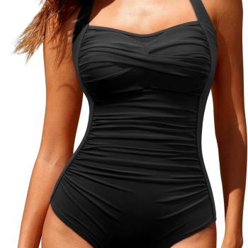 Aqua Eve Women Tummy Control Bathing Suits Halter One Piece Swinsuits Ruched Mesh Vintage Swimwear