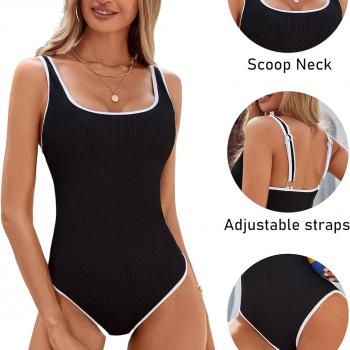 BMJL Women's One Piece Swimsuit Sports Adjustable Strap Bathing Suit Color Block Ribbed High Cut Swimsuits