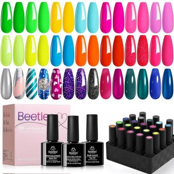 beetles Gel Polish Set, 20 Summer Neon Bright Colors Gel Nail Polish with 3Pcs Base Gel Glossy Top Coat and Neon Green Blue Red Mirror Effect Metal Jelly Nail Polish for DIY Manicure Women Gifts