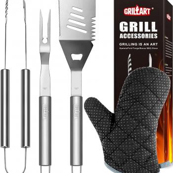 GRILLART Grill Tools Grill Utensils Set - 3PCS BBQ Tools, Stainless Barbeque Grill Accessories - Spatula/Tongs/Fork, with Insulated Glove, Ideal BBQ Set Grilling Tools for Outdoor Grill, Gifts for Men