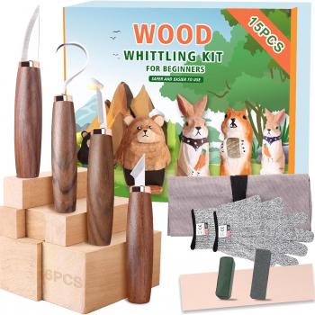 Wood Carving Tools Pack of 15- Includes Black Walnut Handle Wood Carving Knife,Whittling Knife,Hook Knife,Polishing Compound,Sharpening Stone,Cut Resistant Gloves,Wood Carving Kit for Beginners.