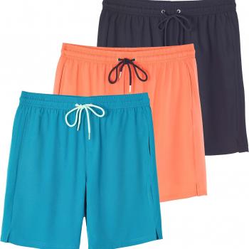 Real Essentials 3 Pack: Men's 9" Inch 2 in 1 Board Shorts with Compression Liner - Bathing Suit with Back Flap Pocket