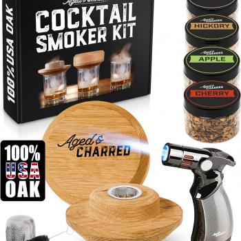 Cocktail Smoker Kit with Torch - High-End Set, USA Oak, Fine Wood Chips - Old Fashioned Cocktail Kit for Whiskey - Bourbon Gifts for Men - Gift from Wife, Daughter, Son (No Butane)