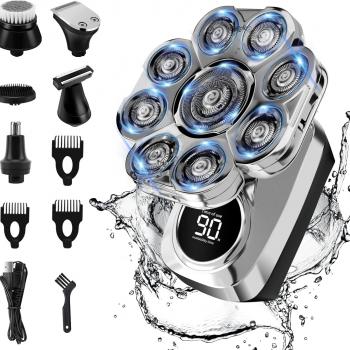 Head Shaver for Bald Men, 6 in 1 Electric Shavers IPX6 Waterproof Mens Electric Razor with LED Display, Wet/Dry Mens Grooming Kit, Rechargeable Rotary Shaver Multifunctional Beard Hair Trimmer