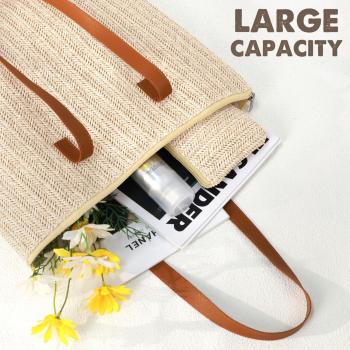 Straw Tote Bag, Large Woven Beach Bag - Summer Beach Hobo Handbag Leather Handle for Women Travel Vacation Shopping