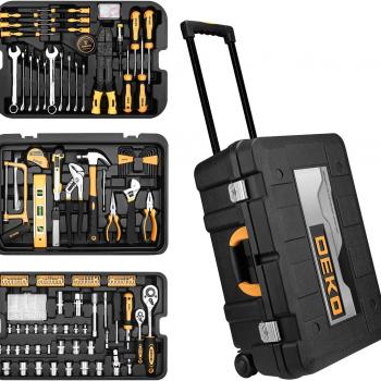 DEKOPRO 258 Piece Tool Kit with Rolling Tool Box Socket Wrench Hand Tool Set Mechanic Case Trolley Portable