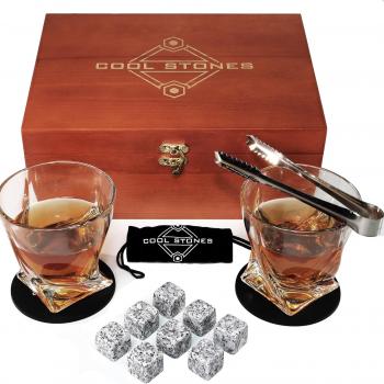 Whiskey Glass Gift Set - 2 Whiskey Glasses and Whiskey Stones with Tongs in Velvet Bag All Presented in an Elegant Wooden Box for Men (Classic-Wood-White-Rocks)