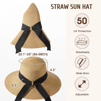 Beach Hats for Women - Wide Brim Sun Straw Hat for Women, UPF 50+ UV Sun Protection Sun Hat Womens, Floppy Sun Hat Foldable Roll up Cap, Khaki