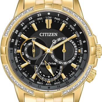 Citizen Men's Eco-Drive Classic Calendrier Watch in Gold-Tone Stainless Steel, Diamonds, Black Dial (Model: BU2082-56E)