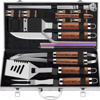 ROMANTICIST 25pcs Extra Thick Stainless Steel Grill Tool Set for Men, Heavy Duty Grilling Accessories Kit for Backyard, BBQ Utensils Gift Set with Spatula,Tongs in Aluminum Case for Birthday Brown