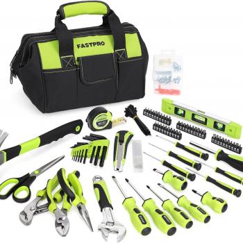 FASTPRO 220-Piece Home Tool Set, Household Repairing Tool Kit, with 12-Inch Wide Mouth Open Storage Tool Bag, Green