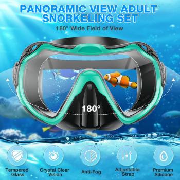 Snorkeling Gear for Adults, Dry Snorkel Set, Panoramic Anti-Leak and Anti-Fog Tempered Glass Lens, Adjustable Snorkeling Gear with Mesh Bag Ear Plug for Snorkeling Scuba Diving Travel