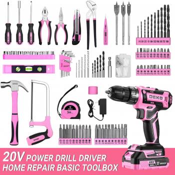 Pink Drill Tool Kit Set: 20V Cordless Power Drill Tool Box with Battery Electric Drill Driver for Men Home Hand Repair Basic Toolbox Tools Sets Drills Case