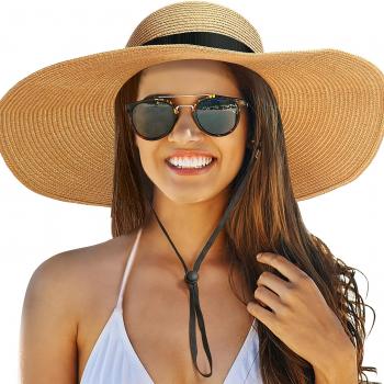 Beach Hats for Women, Foldable Sun Hat Womens UV Protection, Boho Wide Brim Hats for Women, Floppy Straw Visor Hat